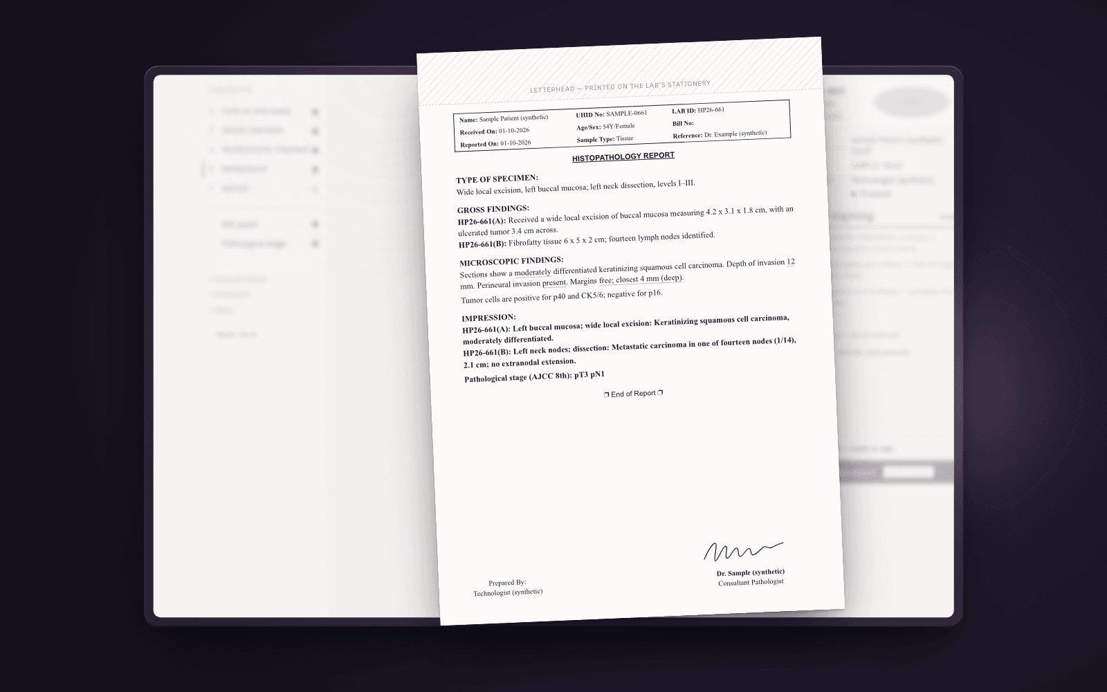 The signed page lifted off the glass as paper: letterhead zone, bordered case block, the lab’s section labels, the signature at the foot.