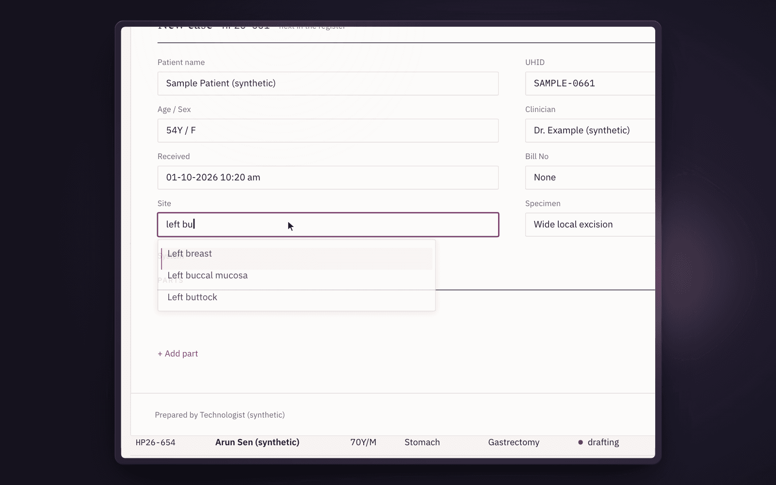 The registration form: Sample Patient (synthetic), the Site field reading “left bu” with the lab’s own completion list open — Left buccal mucosa highlighted.